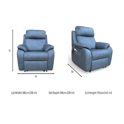 Dimensions for the G Plan ‘Kingsbury’ A125 Stingray Indigo Velvet Large Lift and Rise Recliner Chair.