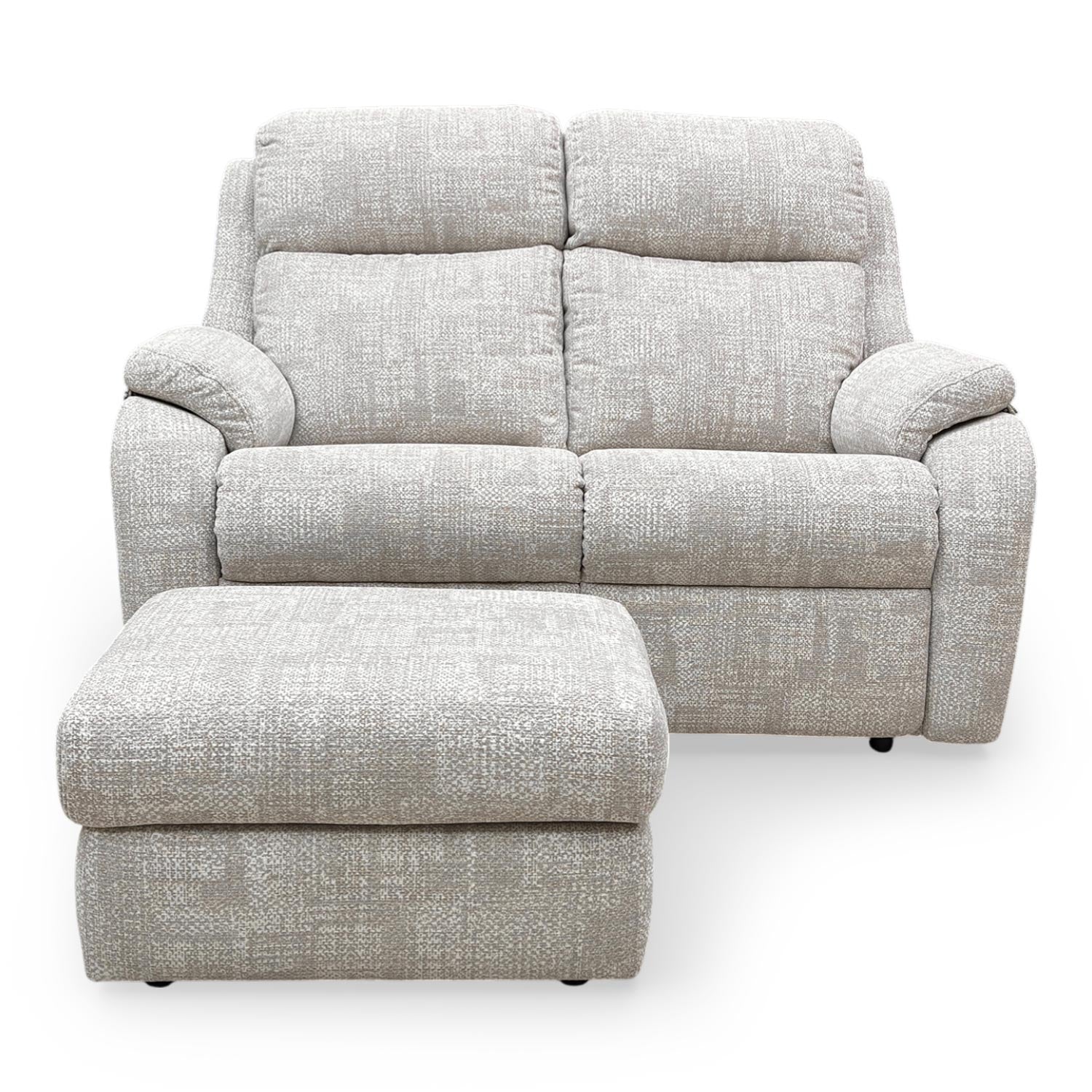 Front view of the G Plan ‘Kingsbury’ B045 2-seater sofa and matching storage footstool in Aerial Horizon grey fabric.