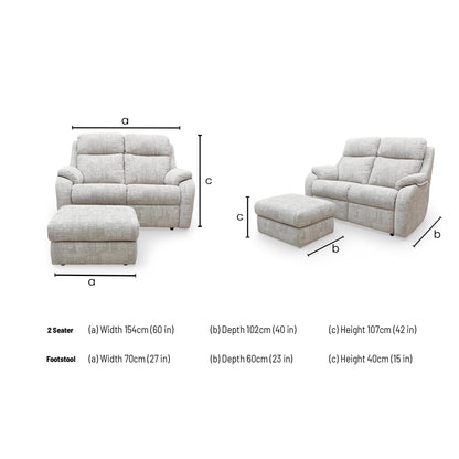 Dimensions for the G Plan ‘Kingsbury’ B045 Aerial Horizon Fabric 2 Seater Sofa and Storage Footstool.