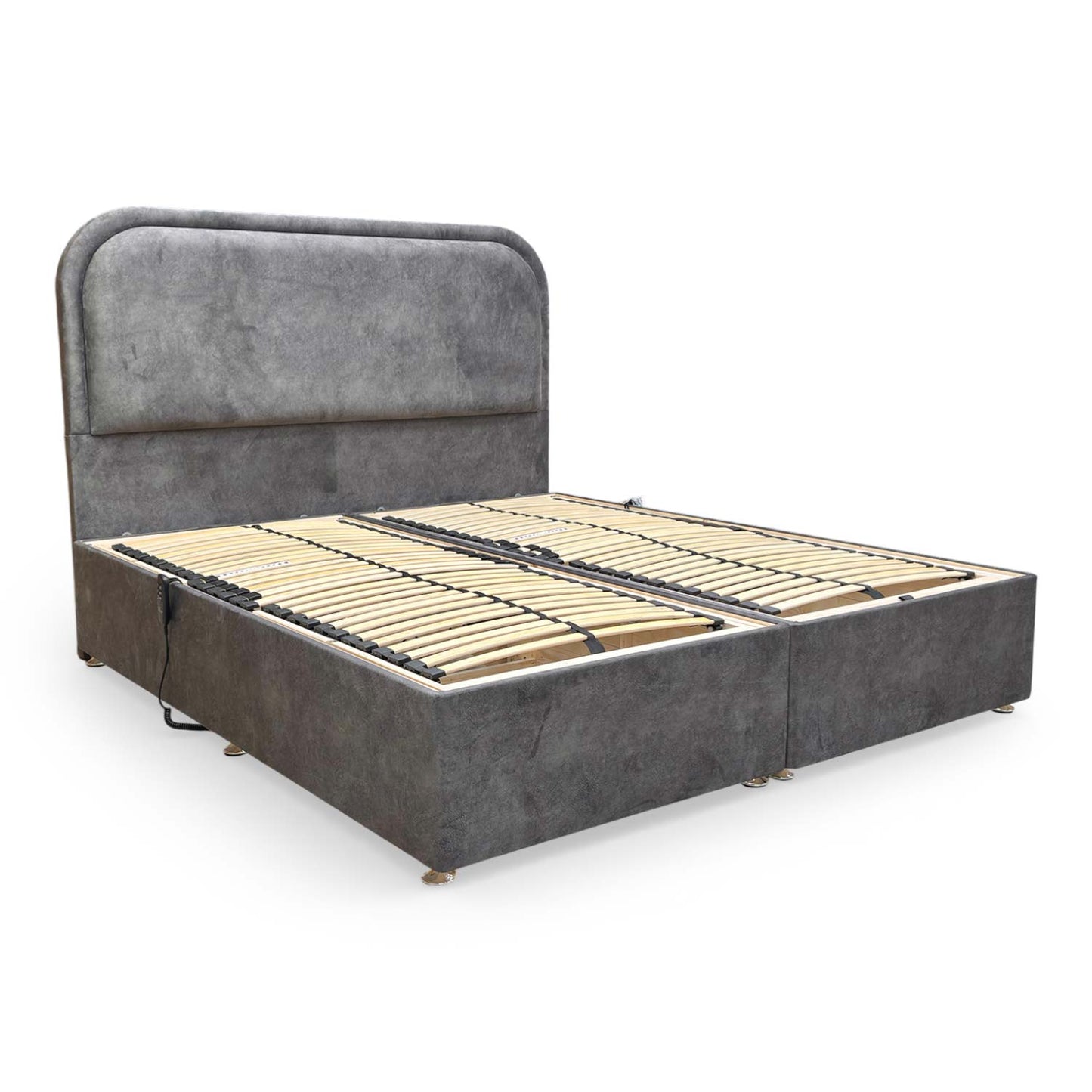 Full view of the ‘Warwick’ Super King adjustable electric bed in Dapple Mink Velvet with floor-standing headboard.