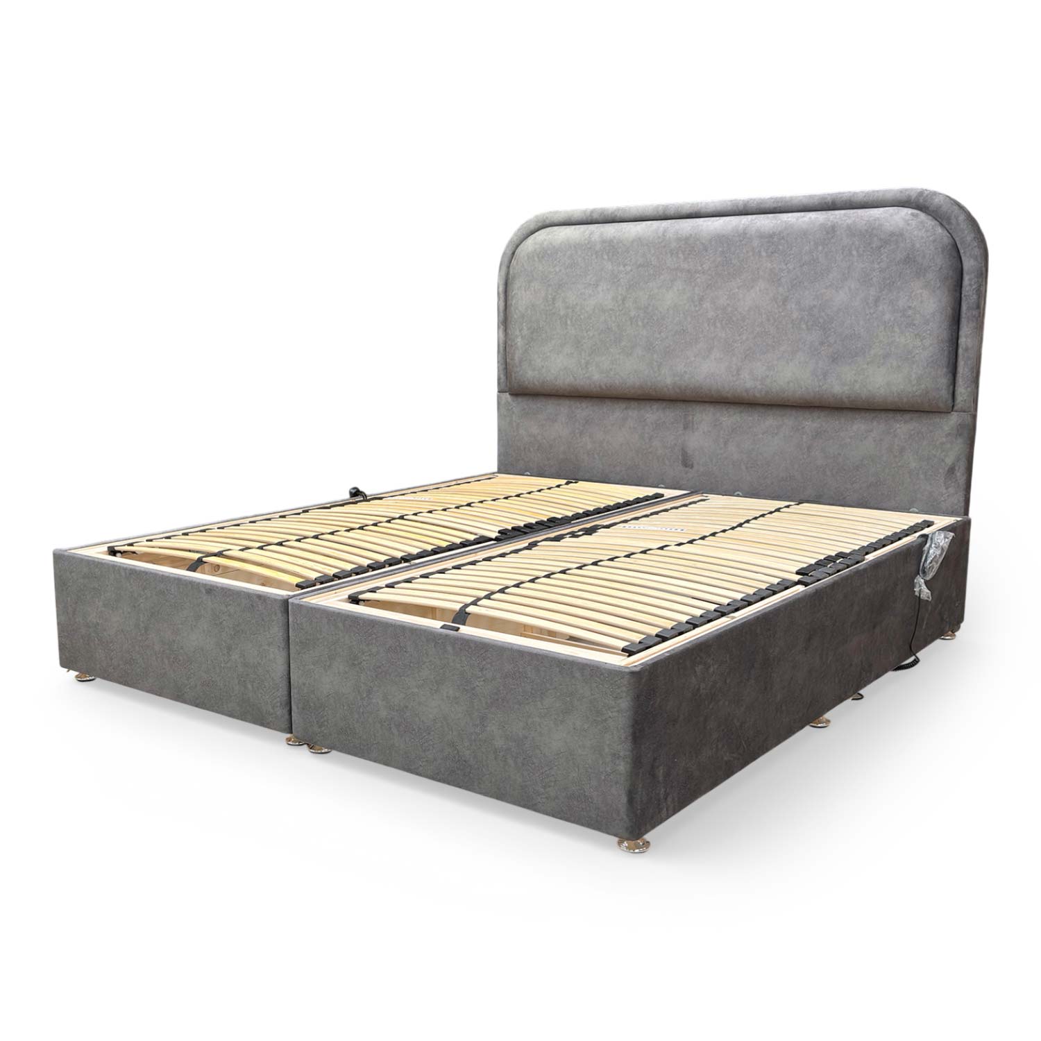 Angle view of the floor-standing headboard, emphasizing the sturdy build and high-end aesthetic.