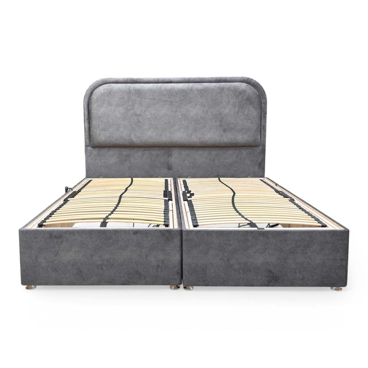 Front view of the ‘Warwick’ Super King adjustable electric bed in Dapple Mink Velvet with floor-standing headboard.