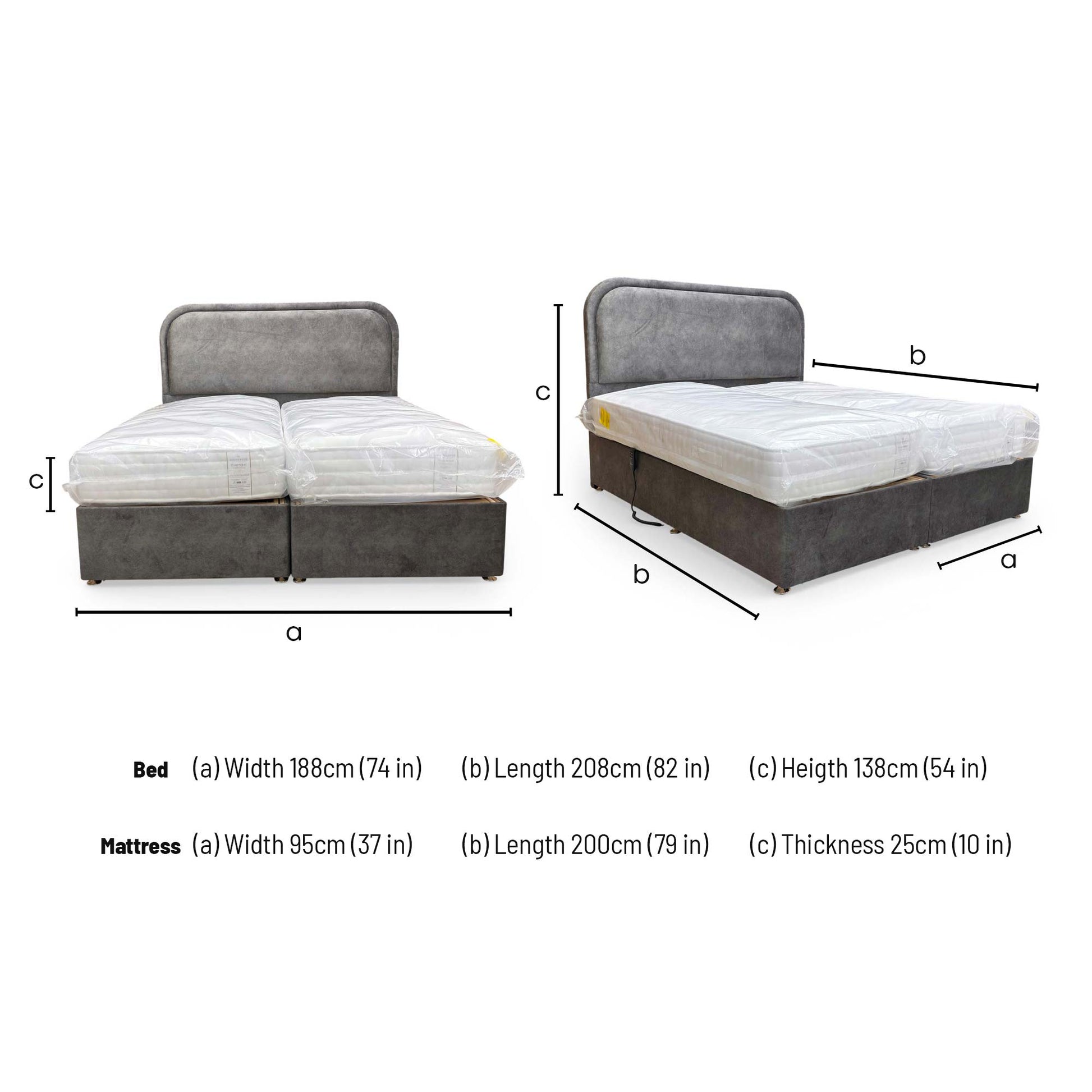 Dimensions for the Highgrove ‘Warwick’ Dapple Mink Velvet Super King Adjustable Electric Bed.