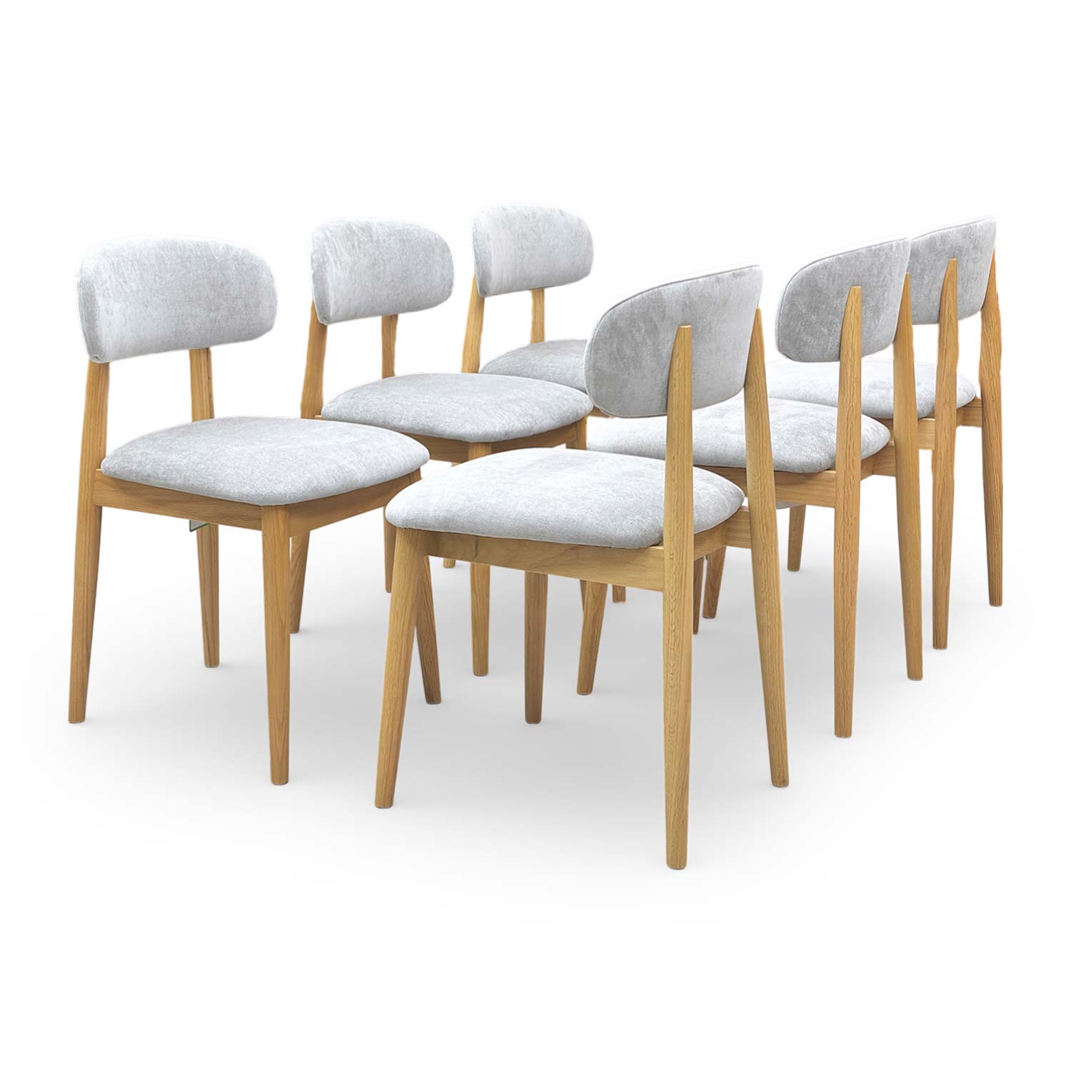 Full view of the ‘Stockholm’ set of 6 dining chairs in grey upholstered fabric with light oak legs.
