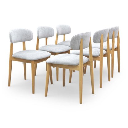 Full view of the ‘Stockholm’ set of 6 dining chairs in grey upholstered fabric with light oak legs.