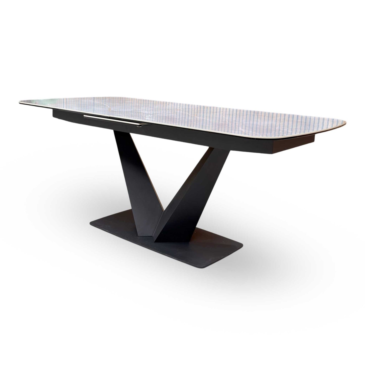 ‘Cupra' Grey Ceramic Top 180cm Large Pop Up Extending Dining Table with Charcoal Grey Faux Leather Cantilever Set of 4 Dining Chairs