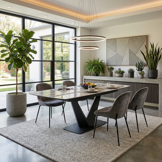 Dining room setting of the Cupra dining table, showcasing its modern boat-shaped top and bronze marble veining.