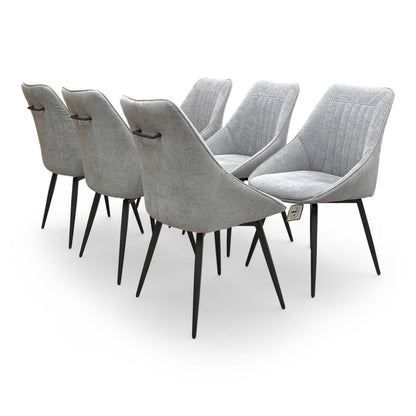 View of the chair from the back, showing the uniform silver upholstery and clean fluted lines.