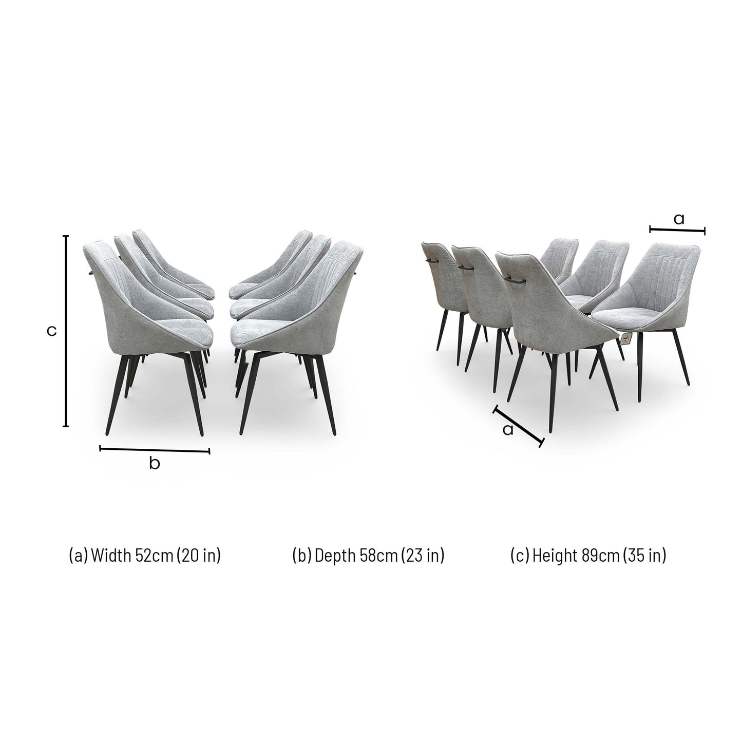 Dimensions for the ‘Crete’ Silver Fabric Swivel Dining Chairs.