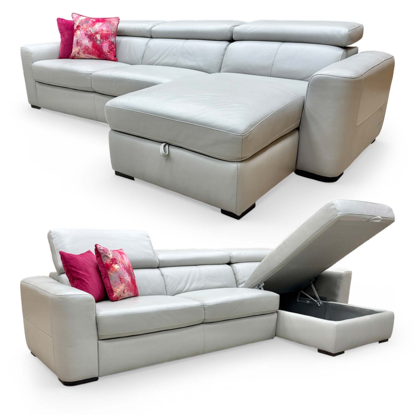 Full view of the World of Leather ‘Infinity’ NC-251E grey leather right hand facing corner chaise sofa.