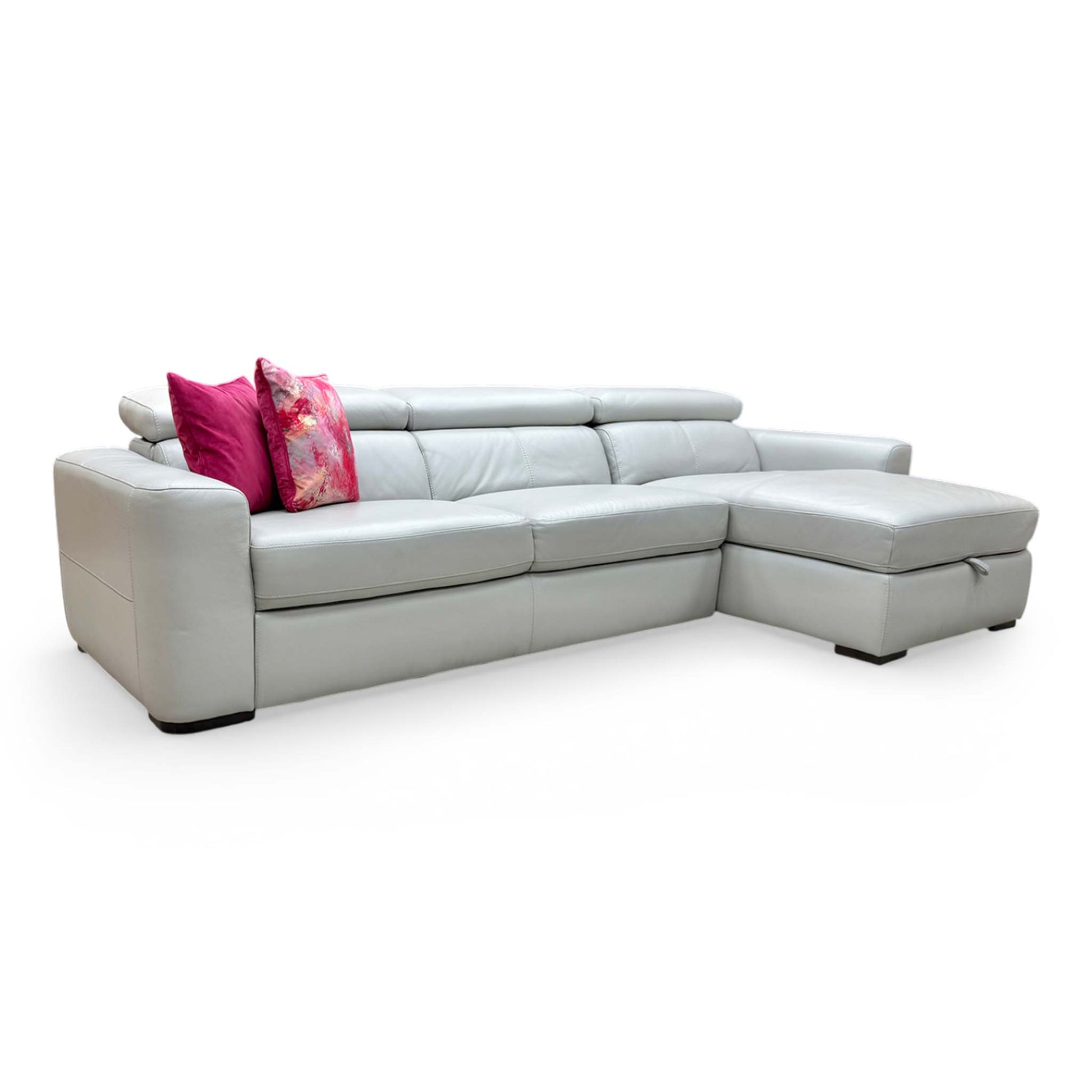Front view of the World of Leather ‘Infinity’ NC-251E grey leather right hand facing corner chaise sofa.