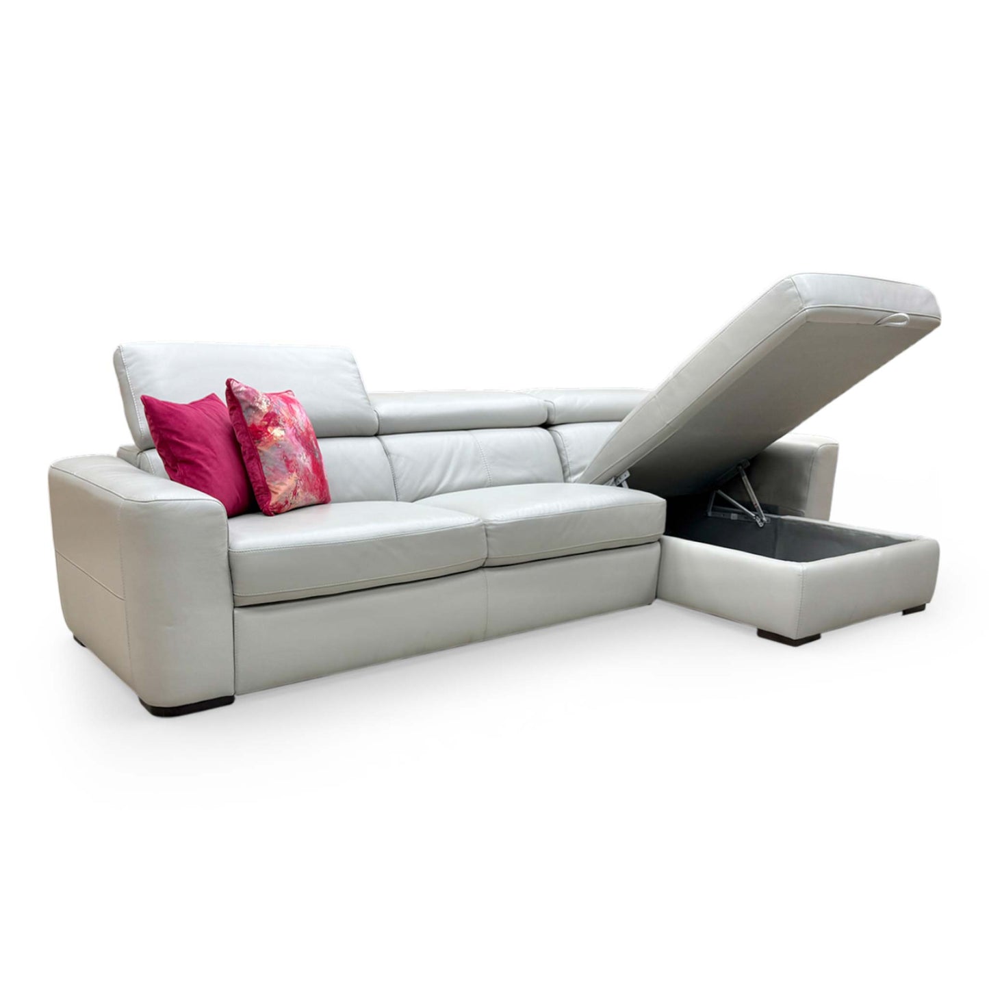 Side View of the ‘Infinity’ chaise section lifted open to reveal the spacious integrated storage compartment.