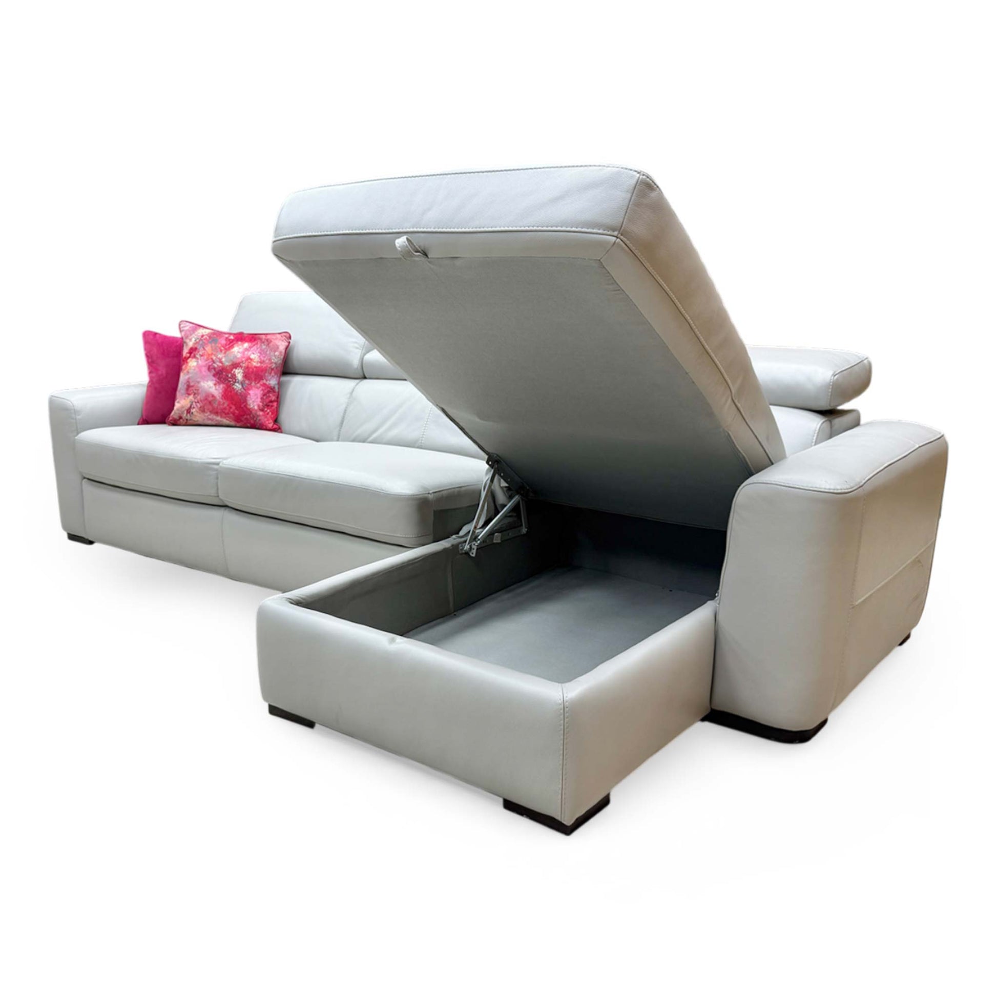 Side View of the ‘Infinity’ chaise section lifted open to reveal the spacious integrated storage compartment.