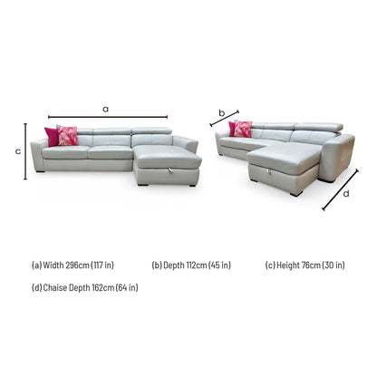 Dimensions for the World of Leather ‘Infinity’ NC-251E Grey Leather Right Hand Facing Corner Chaise Sofa.