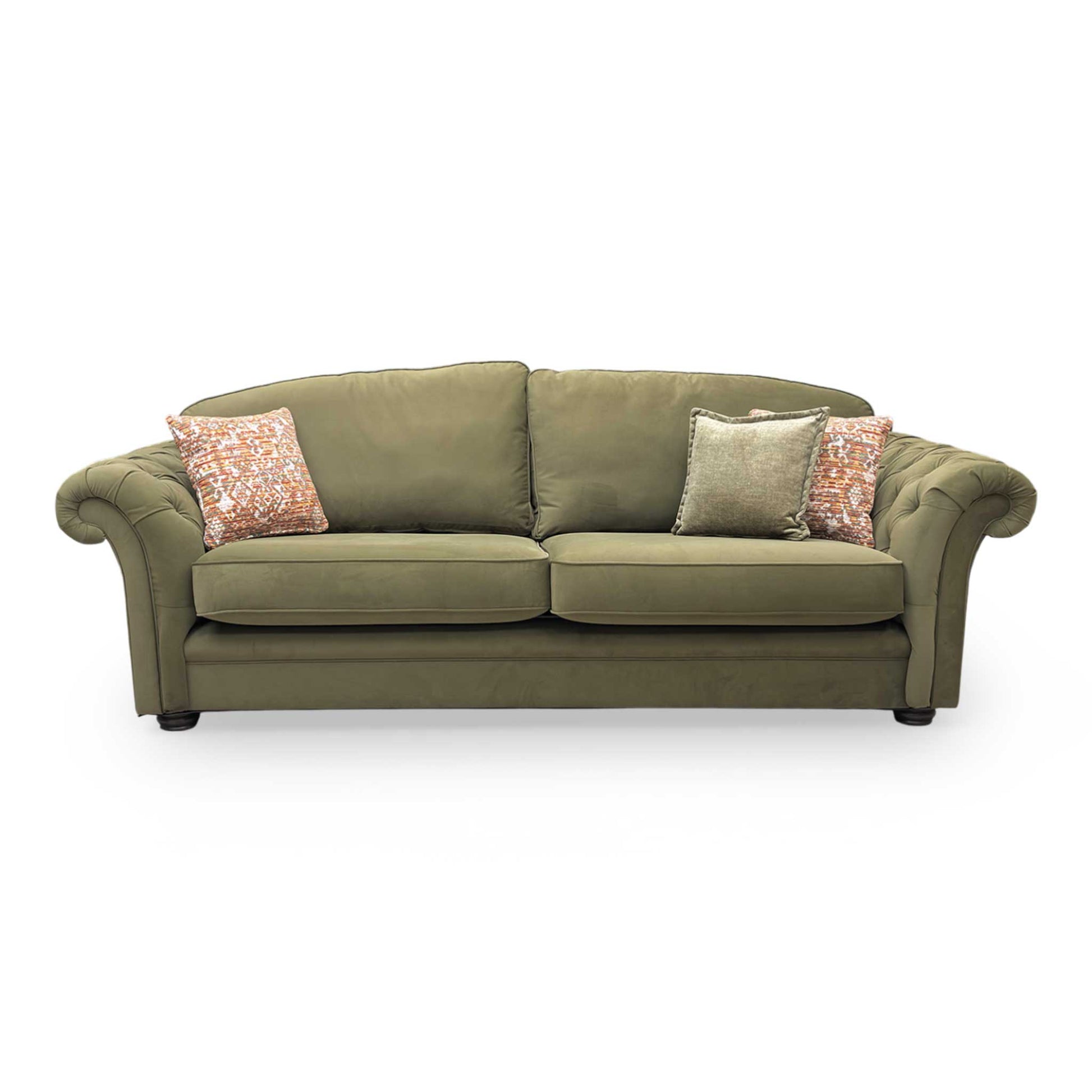 Front view of the Thornbrook ‘Vincent’ 4-seater sofa in luxurious olive green plush velvet.