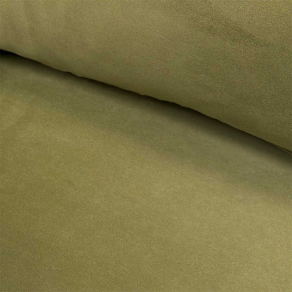 Close-up of the sumptuous olive green plush velvet fabric and high-quality upholstery stitching.