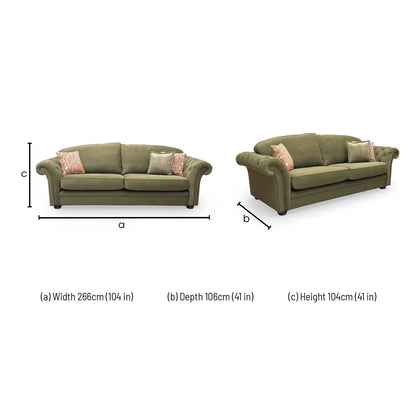 Dimensions for the Thornbrook ‘Vincent’ Olive Green Plush Velvet Formal Back 4 Seater Sofa