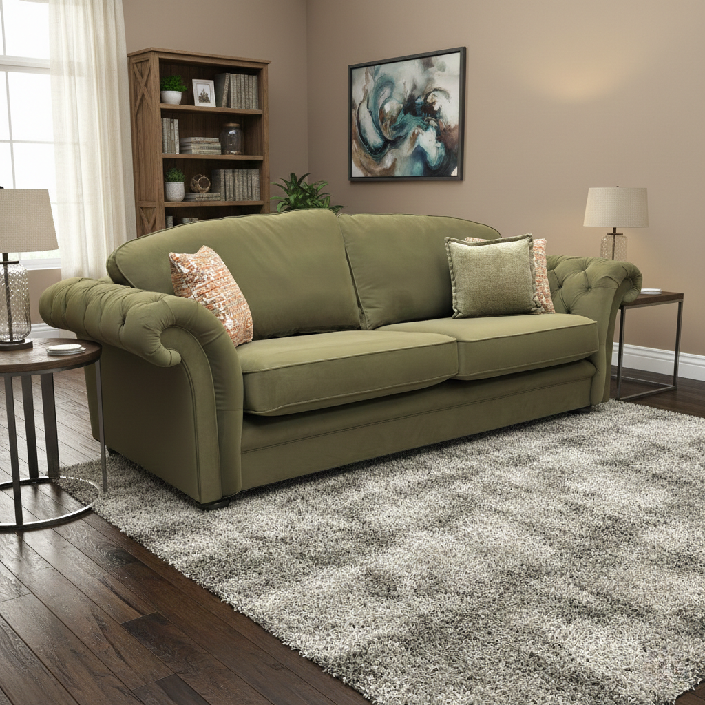 Living Room image of the ‘Vincent’ olive green velvet sofa in a modern, stylish lounge setting.