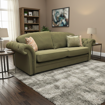 Living Room image of the ‘Vincent’ olive green velvet sofa in a modern, stylish lounge setting.