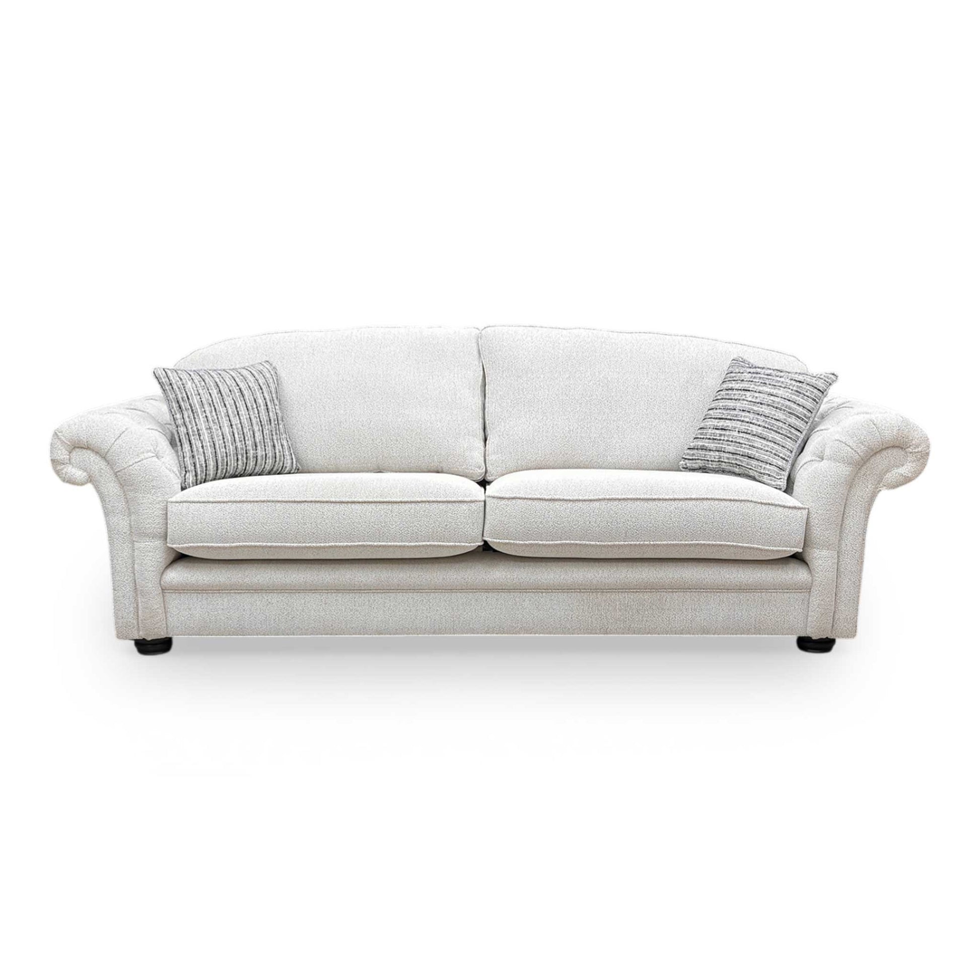 Front view of the Thornbrook ‘Vincent’ 4-seater formal back sofa in beige soft woven fabric.