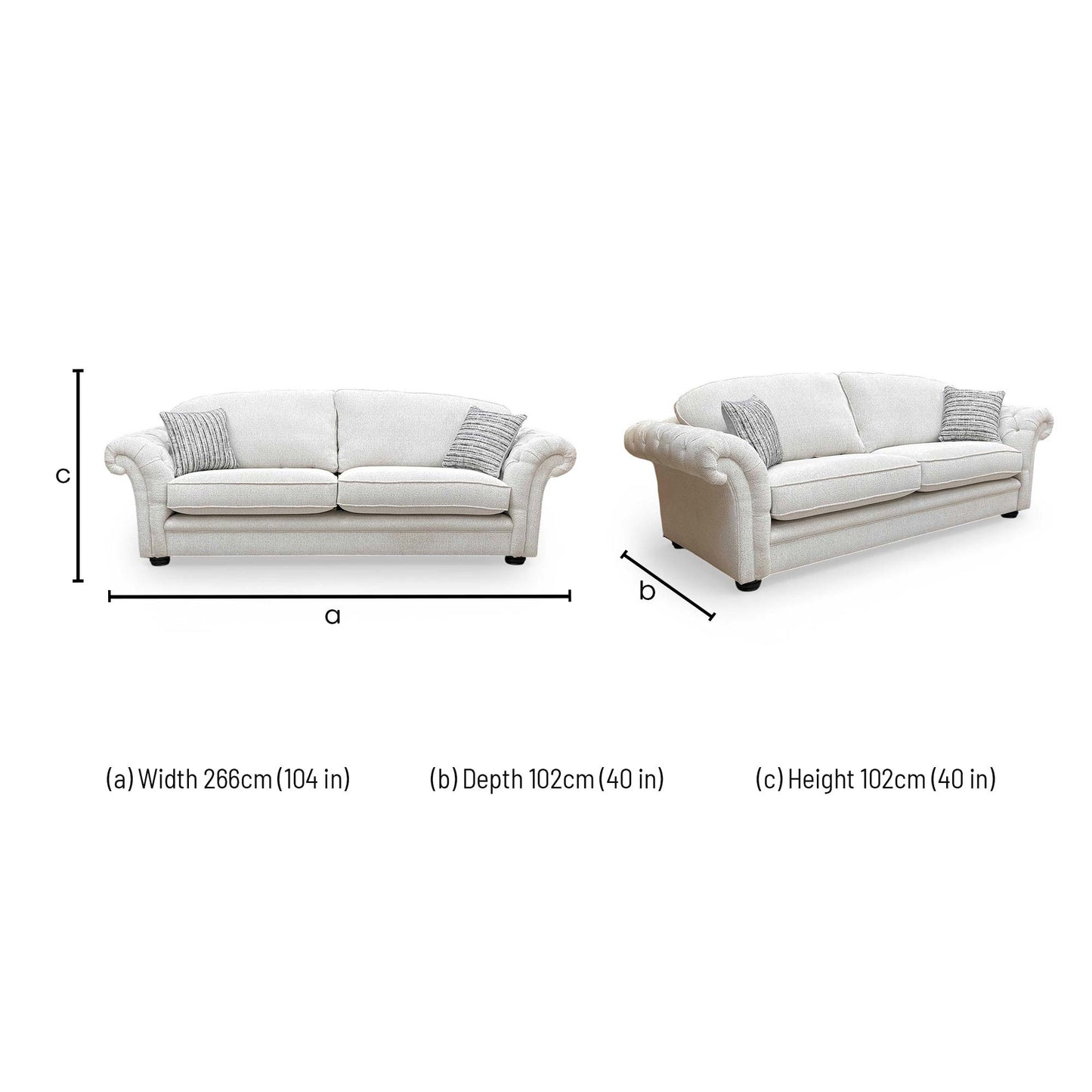 Dimensions for the Thornbrook ‘Vincent’ Beige Soft Woven Fabric Formal Back 4 Seater Sofa.