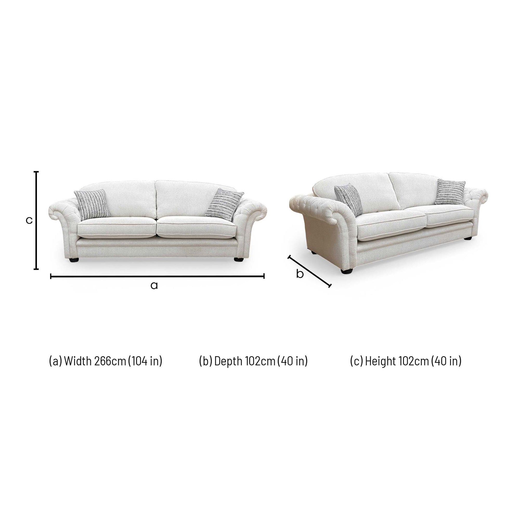 Dimensions for the Thornbrook ‘Vincent’ Beige Soft Woven Fabric Formal Back 4 Seater Sofa.