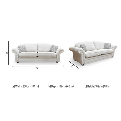 Dimensions for the Thornbrook ‘Vincent’ Beige Soft Woven Fabric Formal Back 4 Seater Sofa.