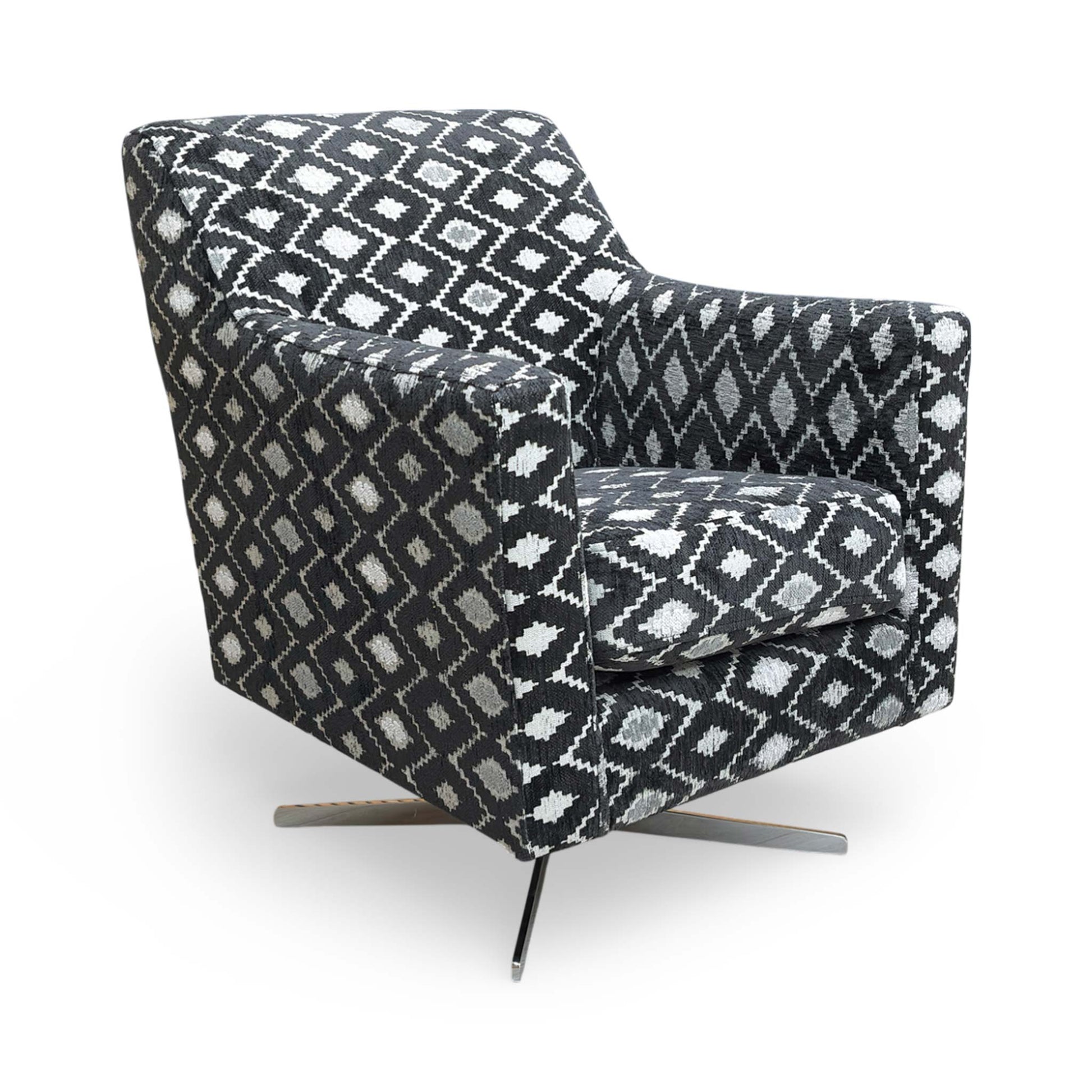 Full view of the Thornbrook ‘Vera’ swivel accent chair featuring a bold black and white diamond pattern.