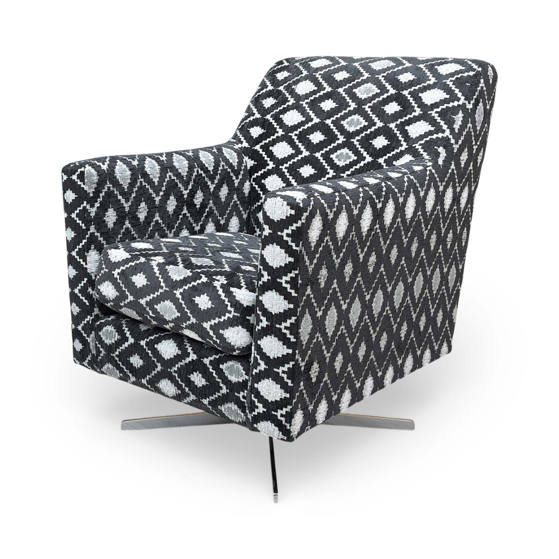 Rear view of the ‘Vera’ chair, showcasing the continuous pattern and sleek circular swivel mechanism.