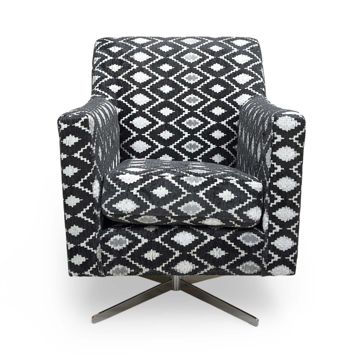 Front view of the Thornbrook ‘Vera’ swivel accent chair featuring a bold black and white diamond pattern.