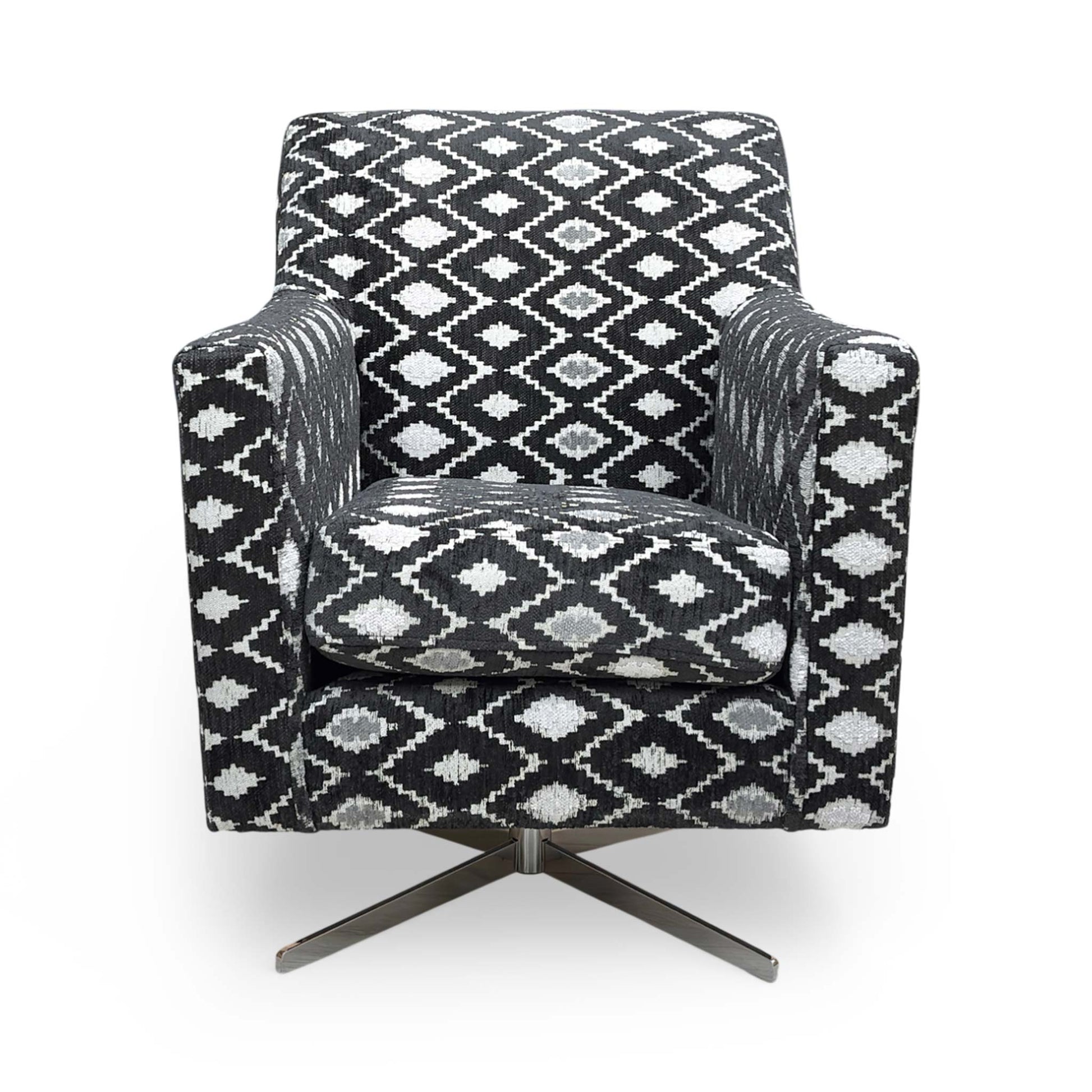 Front view of the Thornbrook ‘Vera’ swivel accent chair featuring a bold black and white diamond pattern.