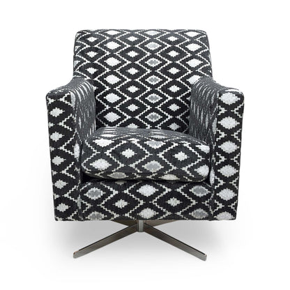 Front view of the Thornbrook ‘Vera’ swivel accent chair featuring a bold black and white diamond pattern.