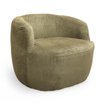 Full view of the Thornbrook ‘Terry’ swivel accent chair in soft sage green fabric.