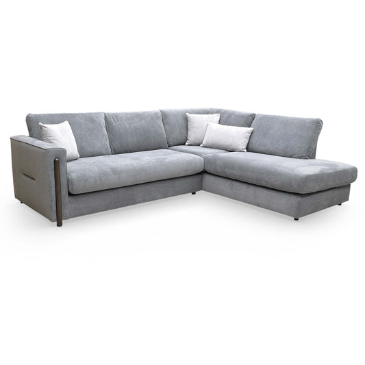 Full view of the Thornbrook ‘Barney’ right-hand facing open-end chaise corner sofa in Steel Grey towel velvet.