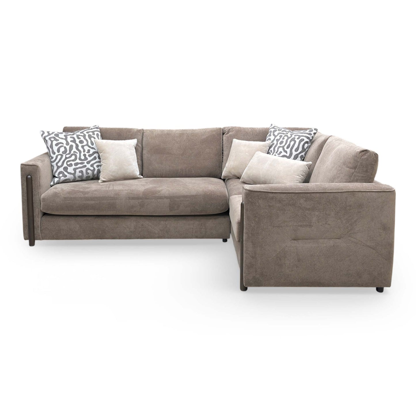 Front view of the Thornbrook ‘Barney’ espresso brown towel velvet corner sofa, featuring a formal back and right-hand facing chaise.