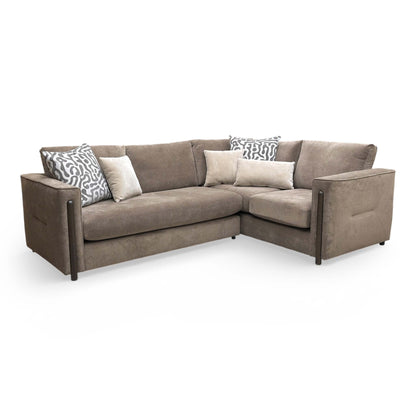 Full view of the Thornbrook ‘Barney’ espresso brown towel velvet corner sofa, featuring a formal back and right-hand facing chaise.