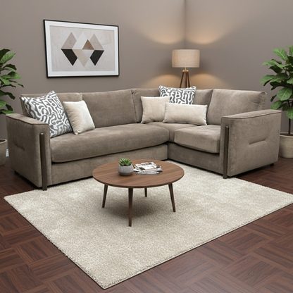 Living room shot of the ‘Barney’ corner sofa in rich espresso brown, showcasing the luxurious towel velvet upholstery.