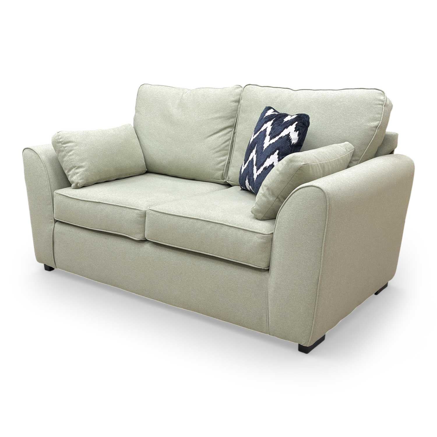 Side view of the Thornbrook ‘Julius’ 2-seater formal back sofa in sage green Cambridge fabric.