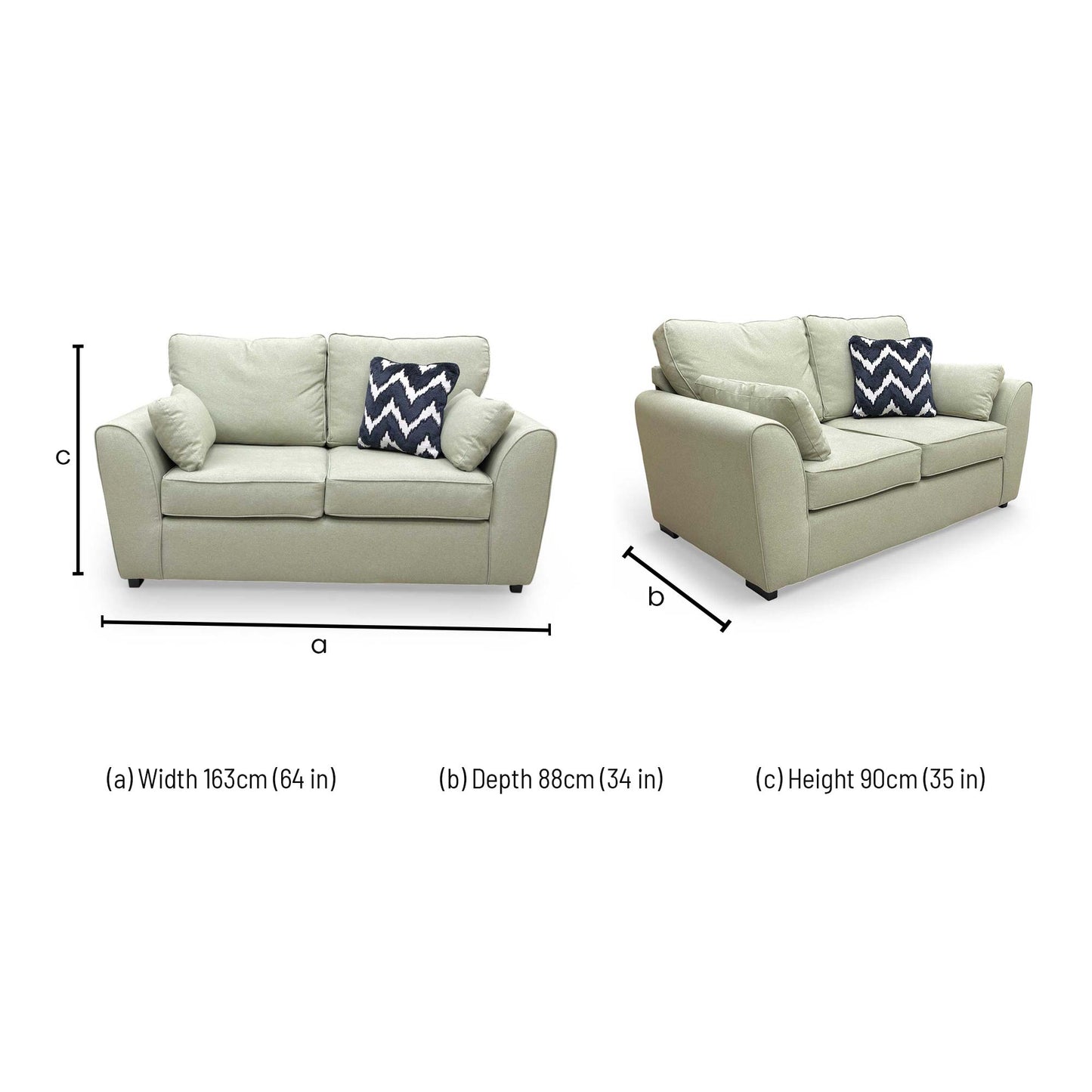 Dimensions for the Thornbrook ‘Julius’ Sage Green Cambridge Fabric Formal Back 2 Seater Sofa.
