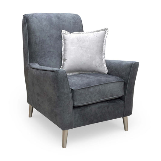 Full view of the Thornbrook ‘Collins’ accent chair in granite grey infinity velvet, featuring a sophisticated high-back design.