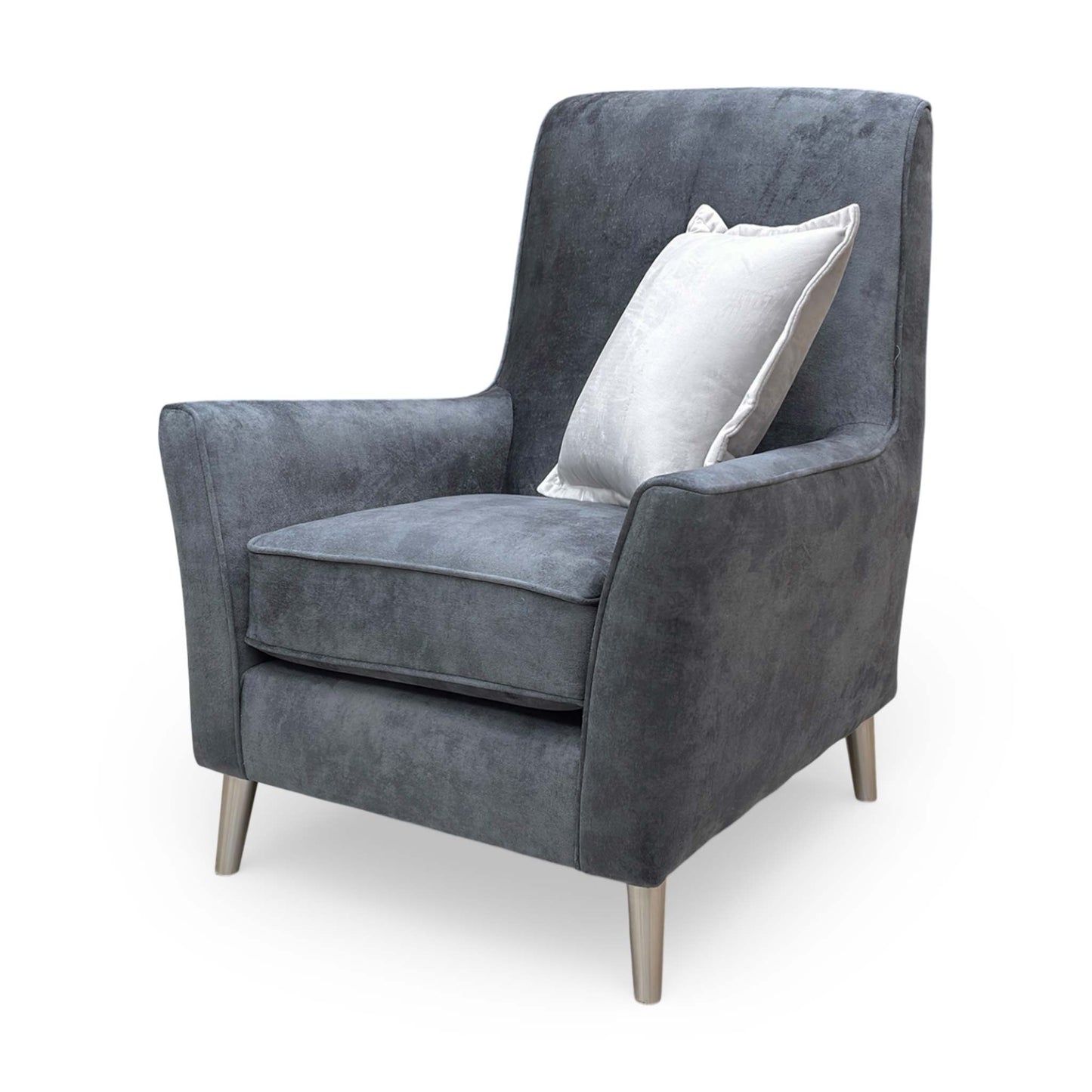 Rear view of the ‘Collins’ accent chair, illustrating its clean lines and high-quality upholstery finish.