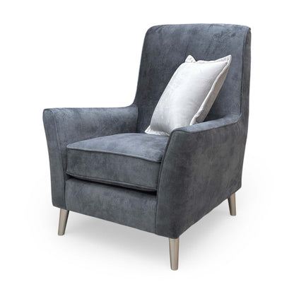 Rear view of the ‘Collins’ accent chair, illustrating its clean lines and high-quality upholstery finish.