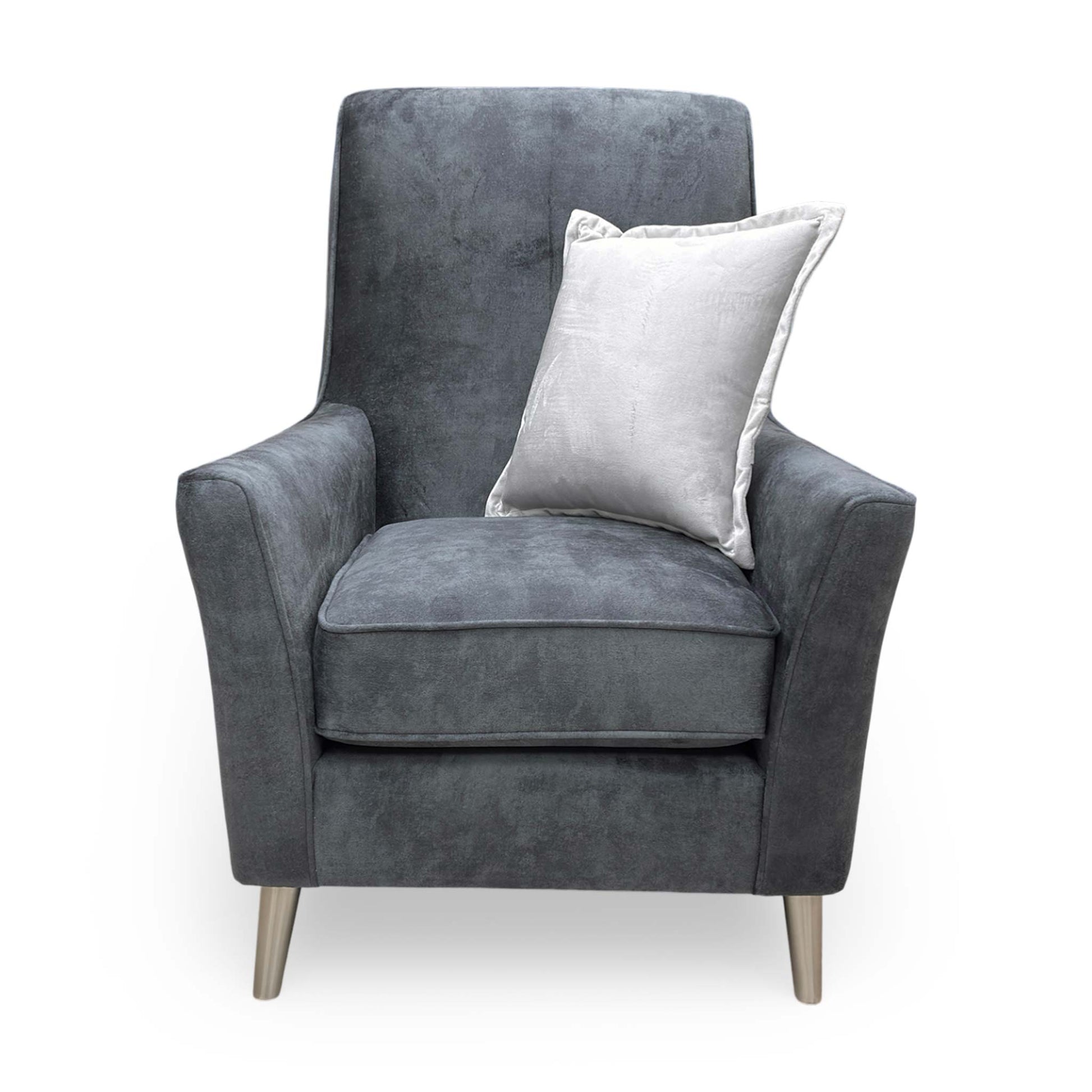 Front view of the Thornbrook ‘Collins’ accent chair in granite grey infinity velvet, featuring a sophisticated high-back design.