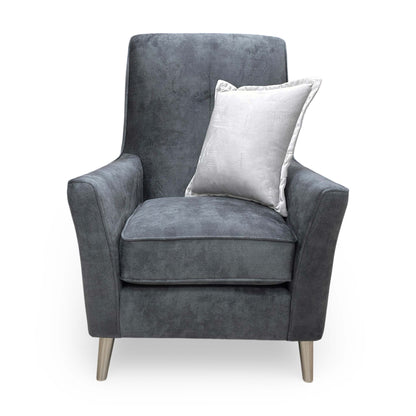 Front view of the Thornbrook ‘Collins’ accent chair in granite grey infinity velvet, featuring a sophisticated high-back design.