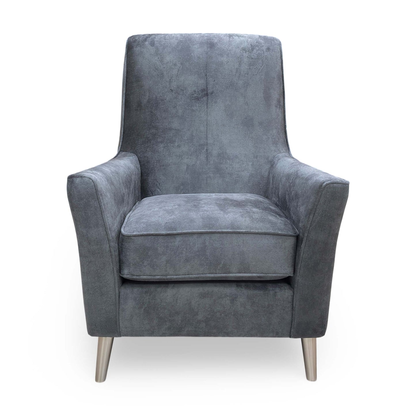 Front view of the Thornbrook ‘Collins’ accent chair in granite grey infinity velvet, featuring a sophisticated high-back design.