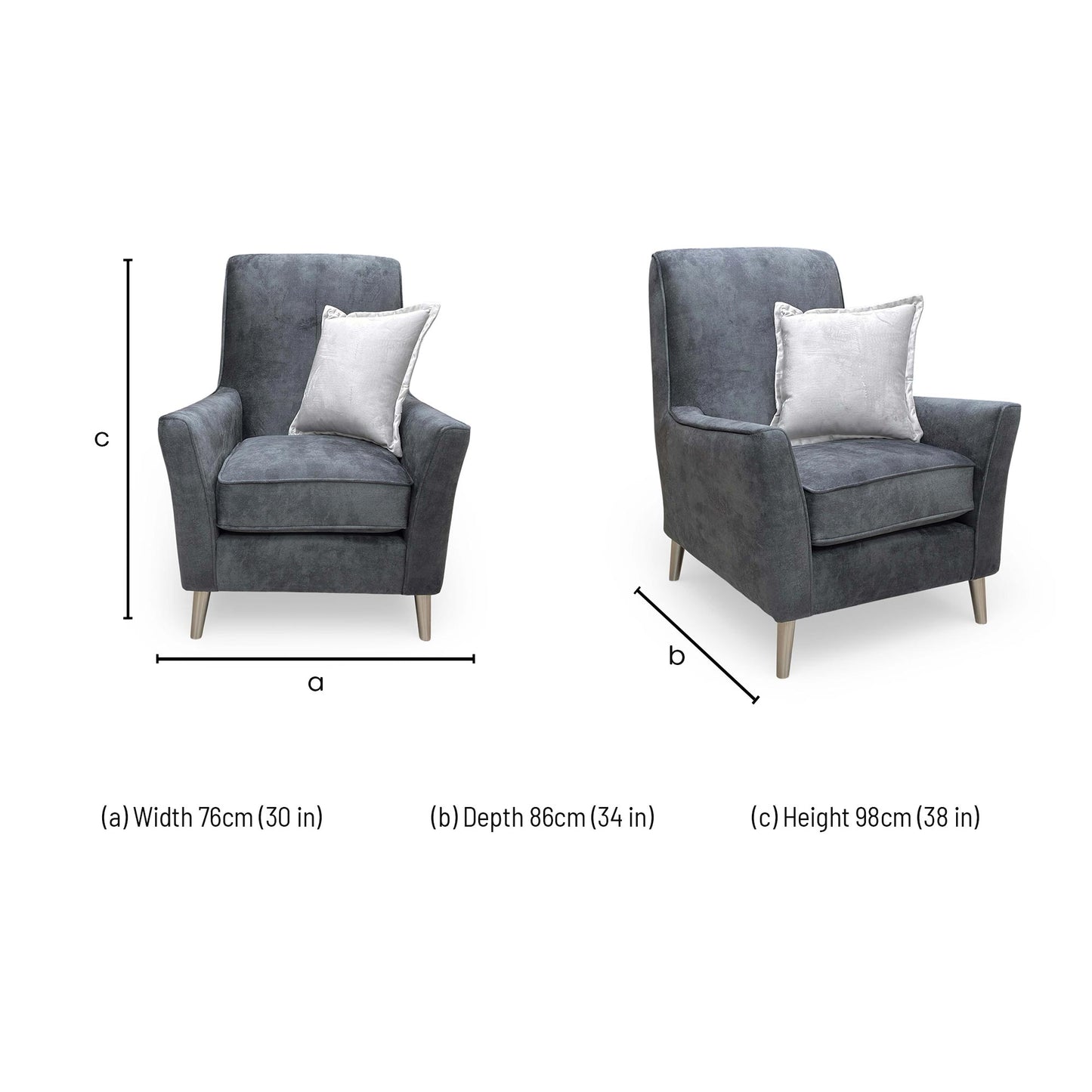 Dimensions for the Thornbrook ‘Collins’ Granite Grey Infinity Velvet Accent Chair.