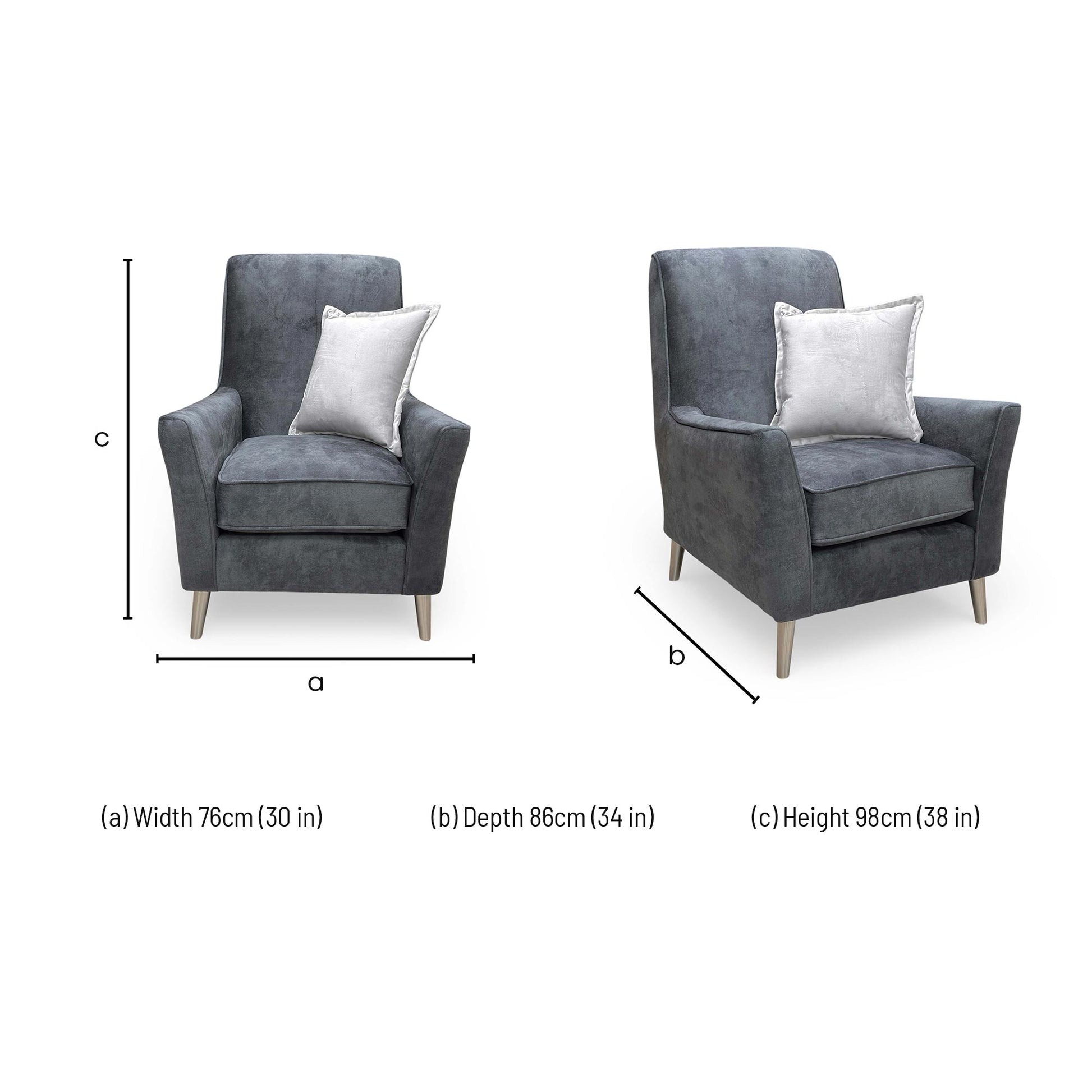 Dimensions for the Thornbrook ‘Collins’ Granite Grey Infinity Velvet Accent Chair.
