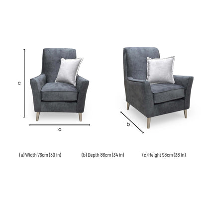 Dimensions for the Thornbrook ‘Collins’ Granite Grey Infinity Velvet Accent Chair.