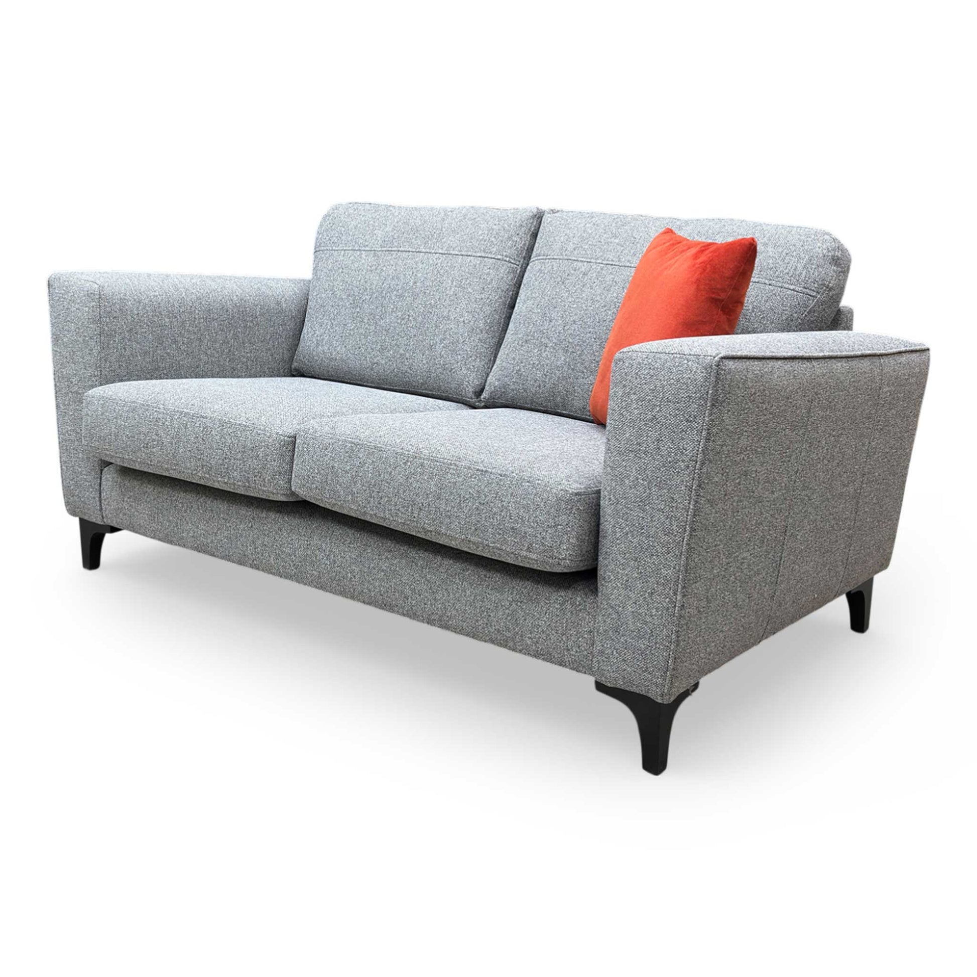 Side profile of the silver fabric sofa, highlighting the formal back support and dark wooden feet.