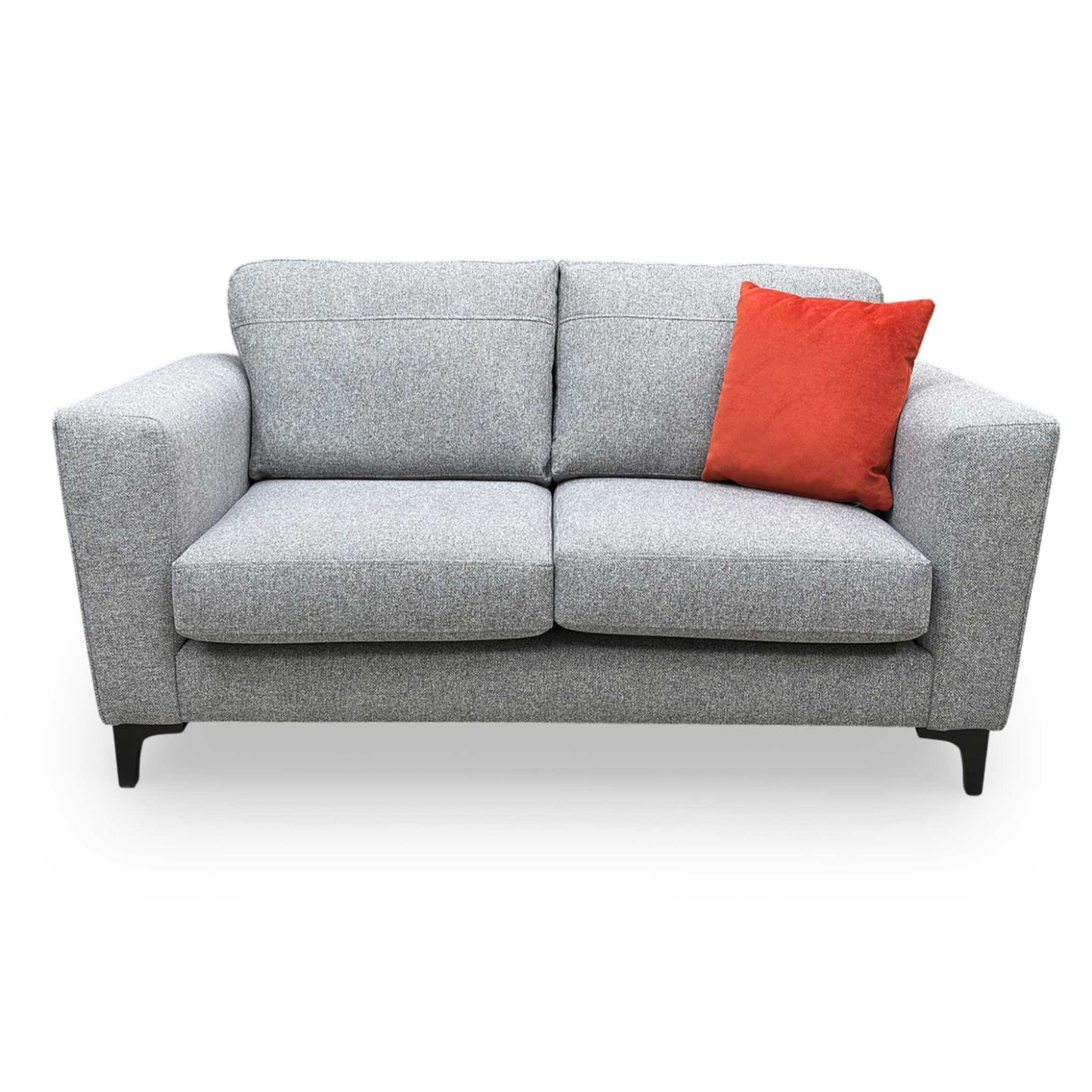 Front view of the Thornbrook ‘Lille’ Ashley silver fabric 2-seater sofa with a formal back design.